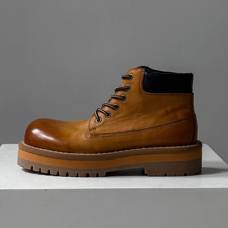 Leatherwork Boots - 英国スタイルのメンズアンクルブーツブラウンレトロ本革カジュアルトレンディ厚底作業靴アウトドアハイキングデザートブーツ