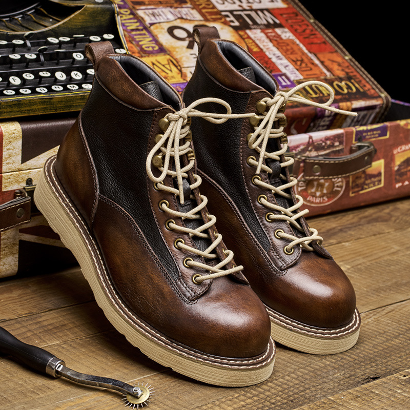 Leatherwork Boots - メンズショートトゥワークブーツ、アメカジスタイル本革ハイカット、ブリティッシュヴィンテージアンクルブーツ、カジュアルウェア用バイクブーツ