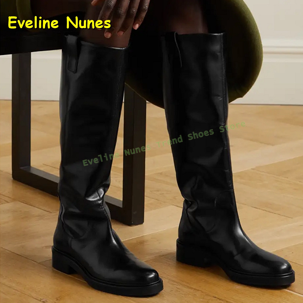 Leatherwork Boots - 黒革ニーハイライディングブーツ レディース ラウンドトゥチャンキーヒール トールブーツ オフィスワークや普段使いのカジュアルウェア 夏向け