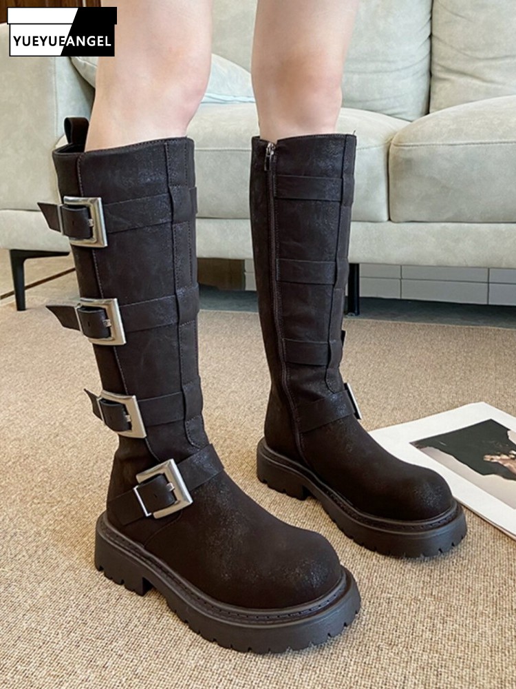 Leatherwork Boots - ファッション女性用マルチバックルニーハイブーツ厚底プラットフォームハイカットバイクブーツパンクスタイルワークセーフティナイトシューズ