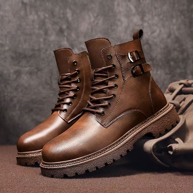 Leatherwork Boots - メンズ秋冬大きいサイズ本革ハイカットブーツ厚底滑り止めジッパー付き裏起毛暖かいワークブーツバイクブーツ