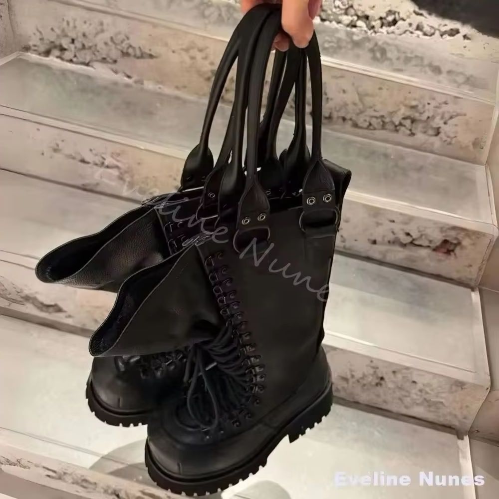 レトロ本革オートバイブーツ女性ビッグトゥレースアッププラット - Leatherwork Boots のレビューと価格